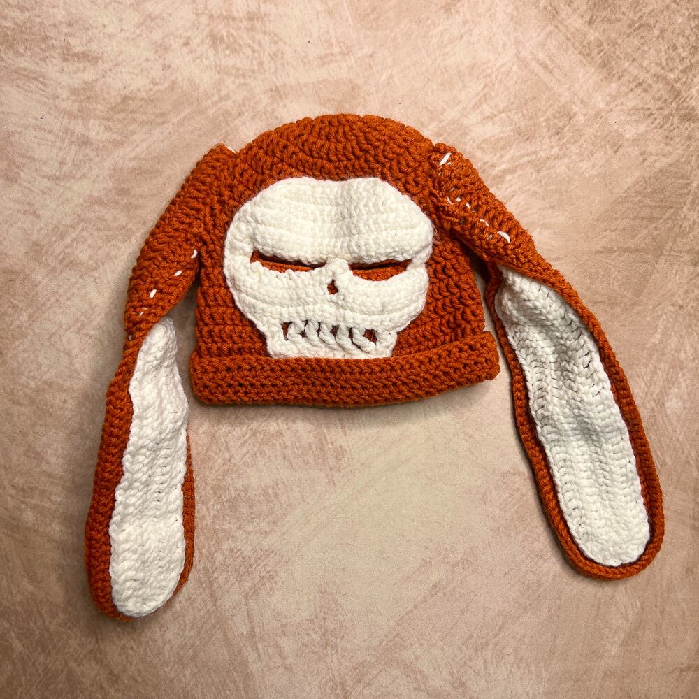 Handmade Bunny Skull Balaklava Beanie Hat Knit Orange Ski Cosplay Indie Kawaii
